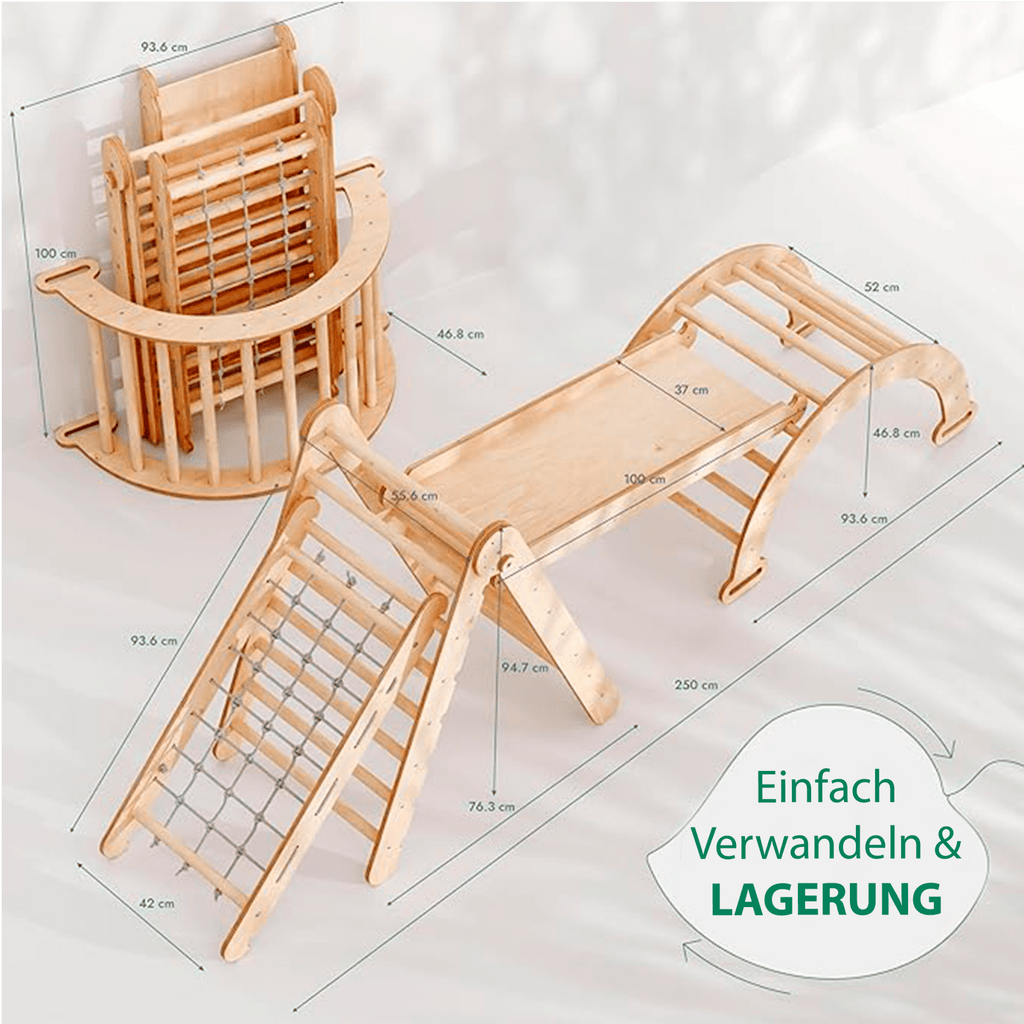 4in1 Montessori Klettergerüst Set: Kletterdreieck mit Rutsche, Kletterbogen, Kletternetz, für Kinder 1-7 Jahre – Beige