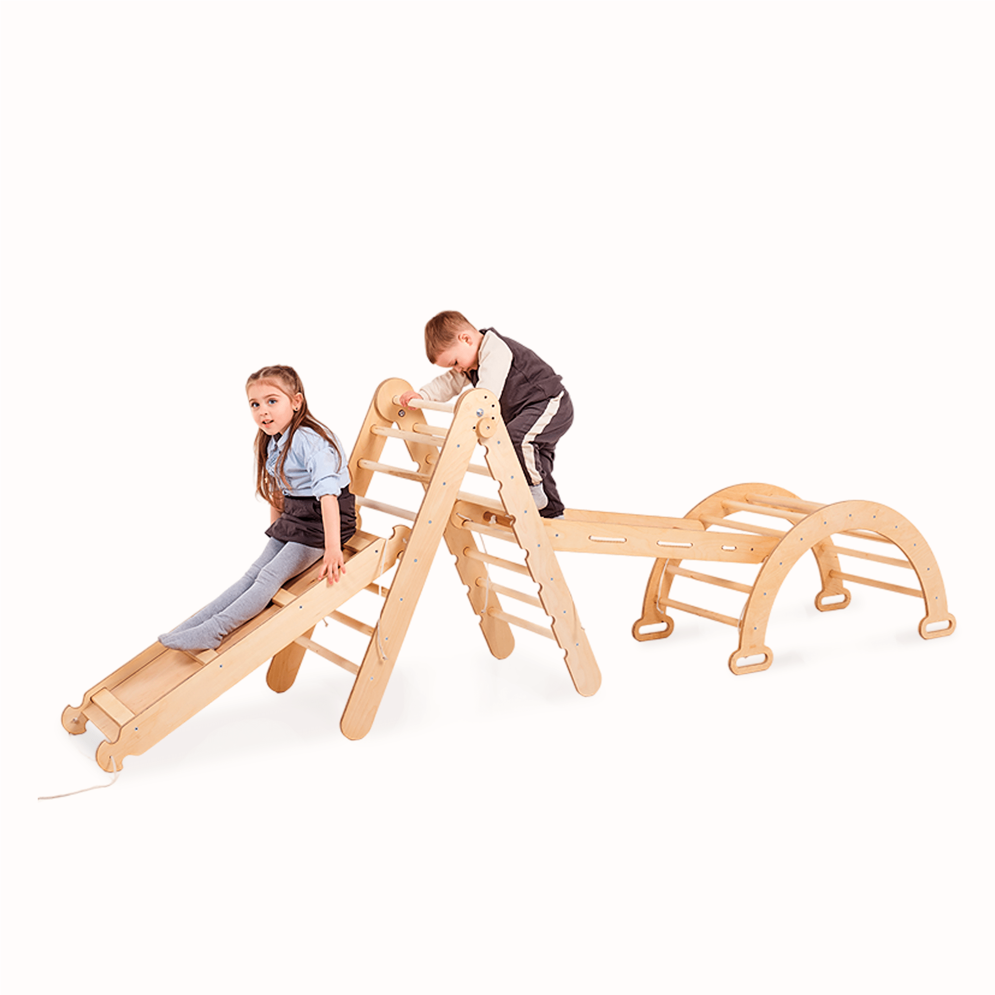 4in1 Montessori Klettergerüst Set: Kletterdreieck mit Rutsche, Kletterbogen, Kletternetz, für Kinder 1-7 Jahre – Beige