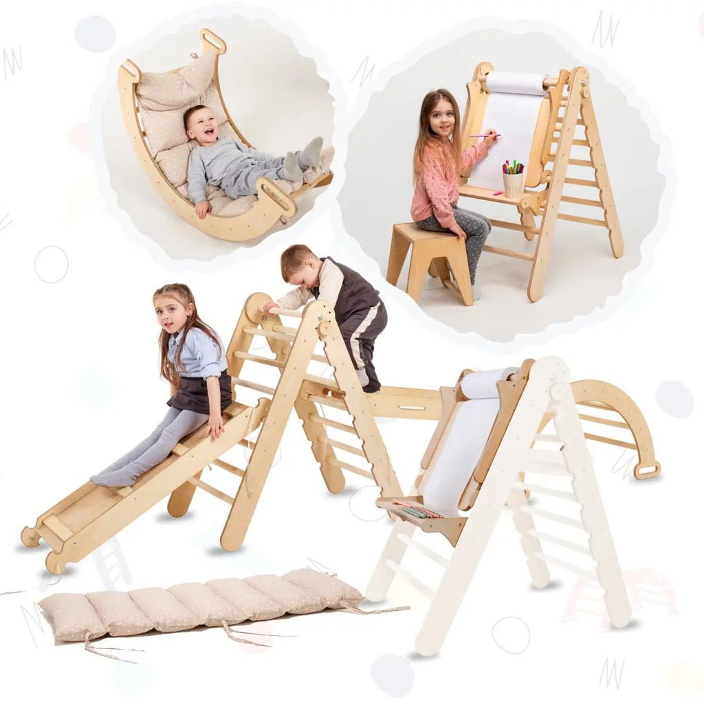 7in1 Montessori Klettergerüst Set: Kletterdreieck, Kletterbogen mit Kissen, Rutsche, Kletternetz, Maltafel und Kinderstuhl, für Kinder 1-7 Jahre – Beige